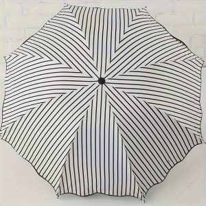 Modern Black and White Striped Water-Resistant Umbrella with Lace Trim ?C Iron Shaft, Dual-Purpose Sun and Rain Protection Folding Umbrella with Dry Cloth Cleaning Instruction