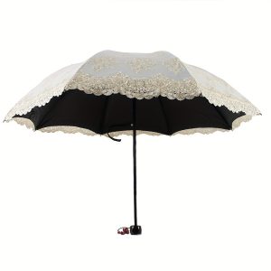 Princess Style Lace Black Inner Canopy Folding Umbrella, Casual Portable 8 Ribs Durable Umbrella For Men & Women