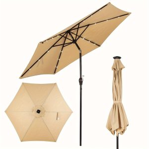 9ft Market Patio Umbrella W/Solar Lights, Outdoor Table Umbrella W/Push Button Tilt And Crank, For Market Garden Beach Pool