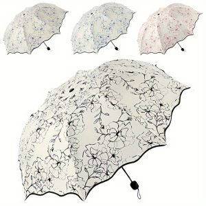 Folding Sun Umbrella For Ladies, With Lotus Flower Print, Suitable For Outdoor Both Sunny And Rainy Weather